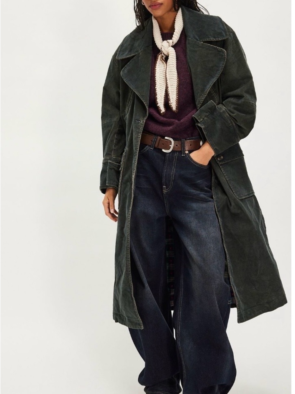 Free People Forest Green Washed Long Trench Coat